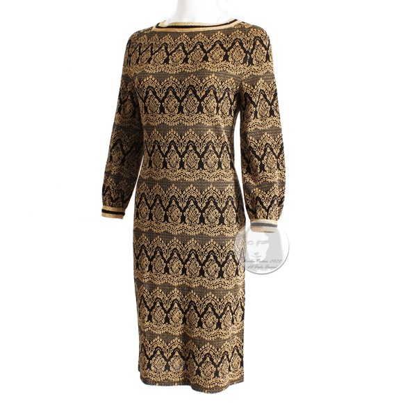 Vintage Dress Knit Bobette Imports France Black Gold Lurex Tricot Long Sleeve 10 - Picture 6 of 9